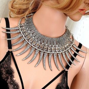 Statement Bib Necklace Tribal Boho Silver Tone Spiked Choker Collar‎